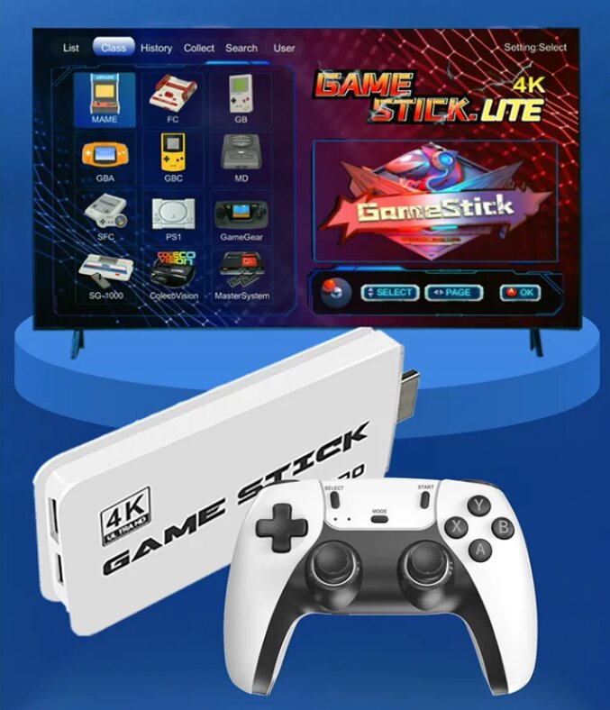 Мени со ретро конзоли на телевизор и Game Stick со џојстик